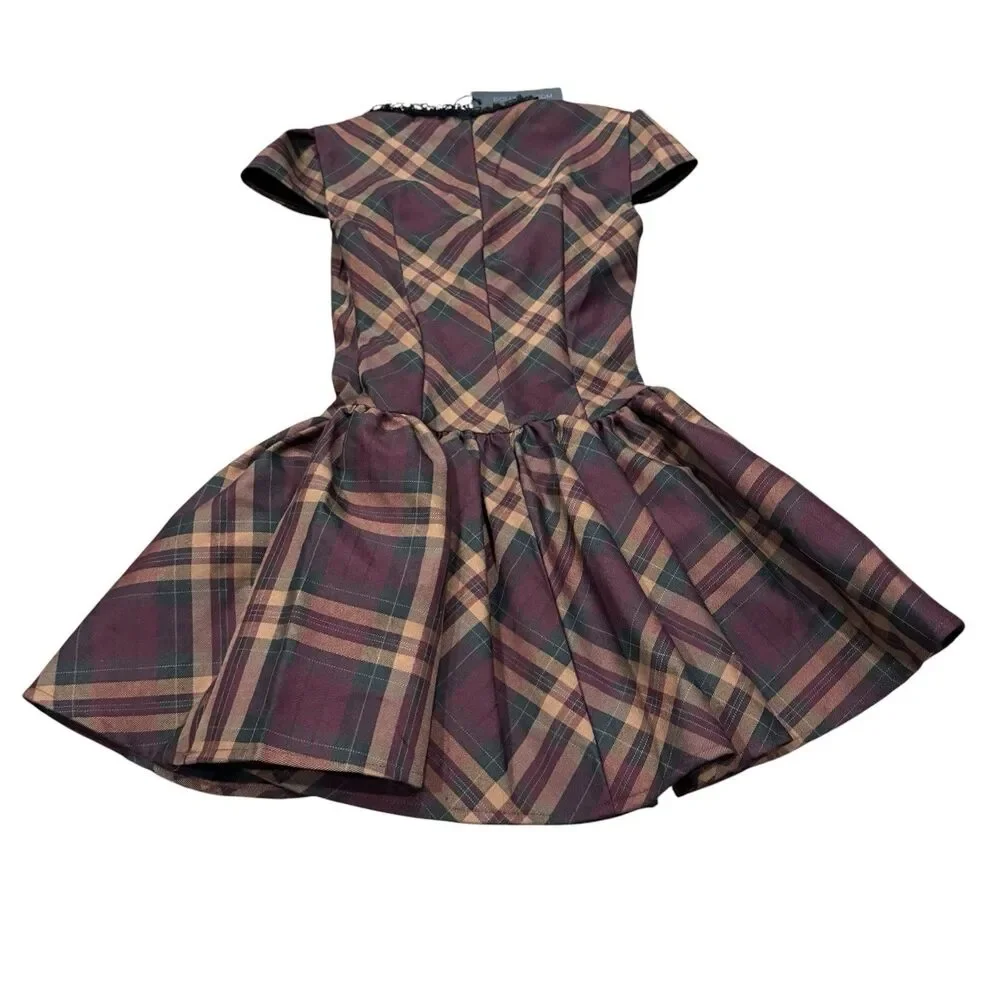 Widow Corset Mini Dress XXS Burgundy Plaid Hook & Eye Goth Punk Alt NWT - Picture 2 of 13